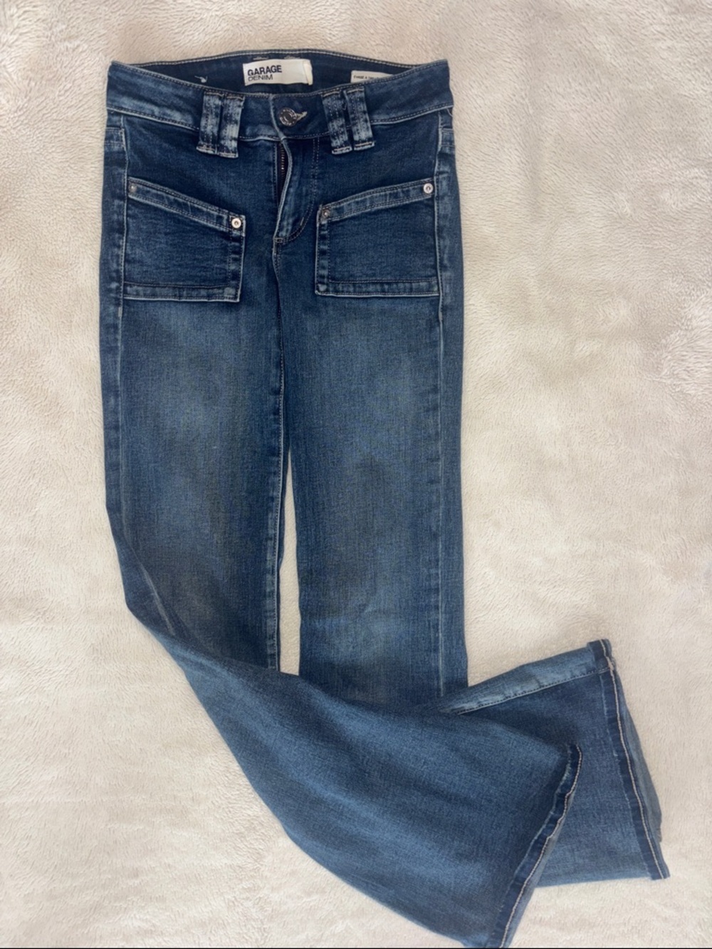 Garage Dark Blue Flare Wide-Leg Jeans with Front Patch Pockets